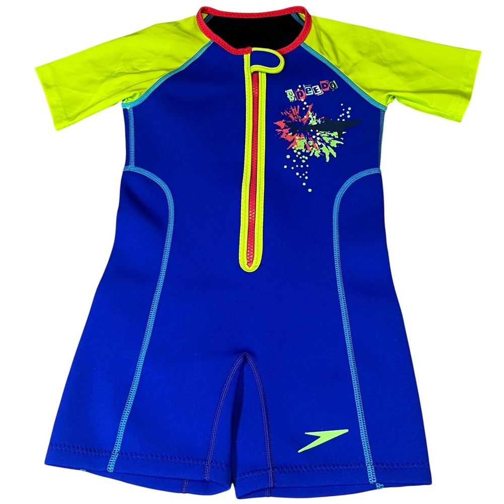 Speedo Kids Blue Neon Yellow Shark Thermal Wetsuit Swimsuit UV50 Size 6-6X